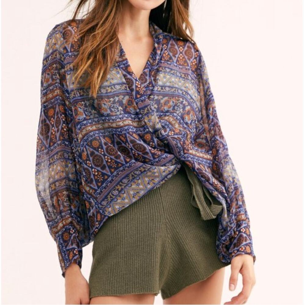 Free People Solstice Shimmer Tie Front Kimono Geometric Blue Shimmer One Size